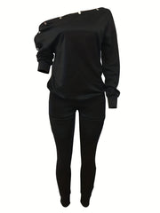 Cold Shoulder Long Sleeve Top & Slim Pants Set Women's Outfit