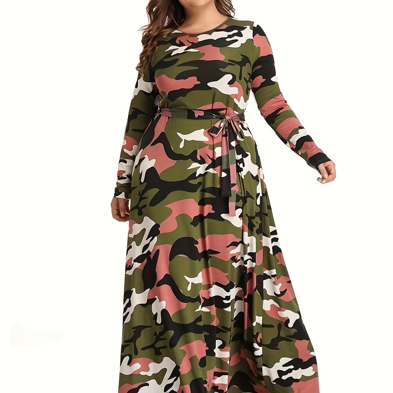 Camo Print Long Sleeve Maxi Dress With Belt