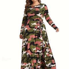 Camo Print Long Sleeve Maxi Dress With Belt