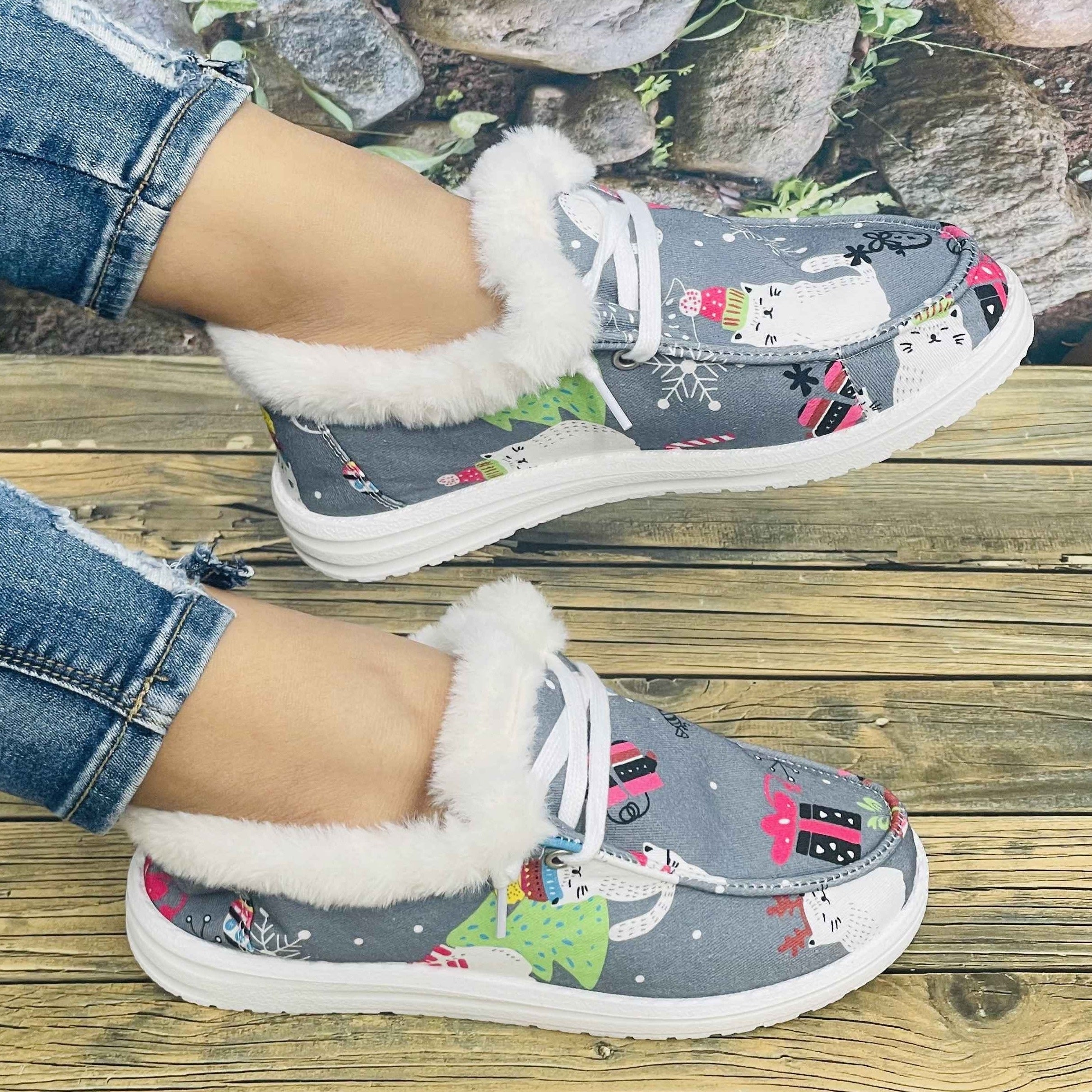 Christmas Women's Flat Cat Print Snow Boots Slip On