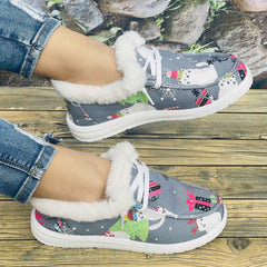 Christmas Women's Flat Cat Print Snow Boots Slip On