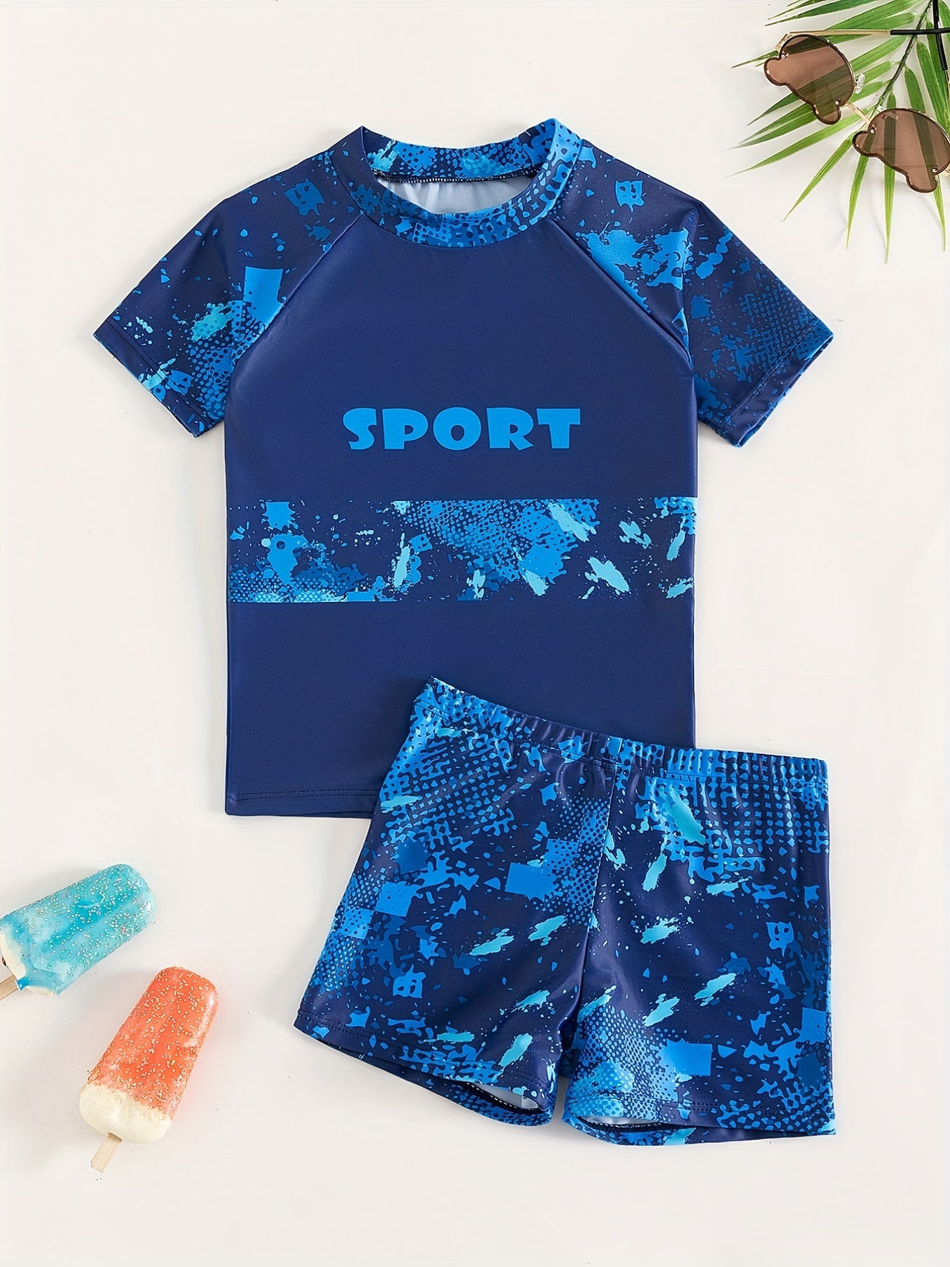 Boy's Sport Print Swimsuit Set - T Shirt & Shorts - Beach Vacation