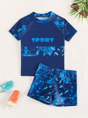 Boy's Sport Print Swimsuit Set - T Shirt & Shorts - Beach Vacation