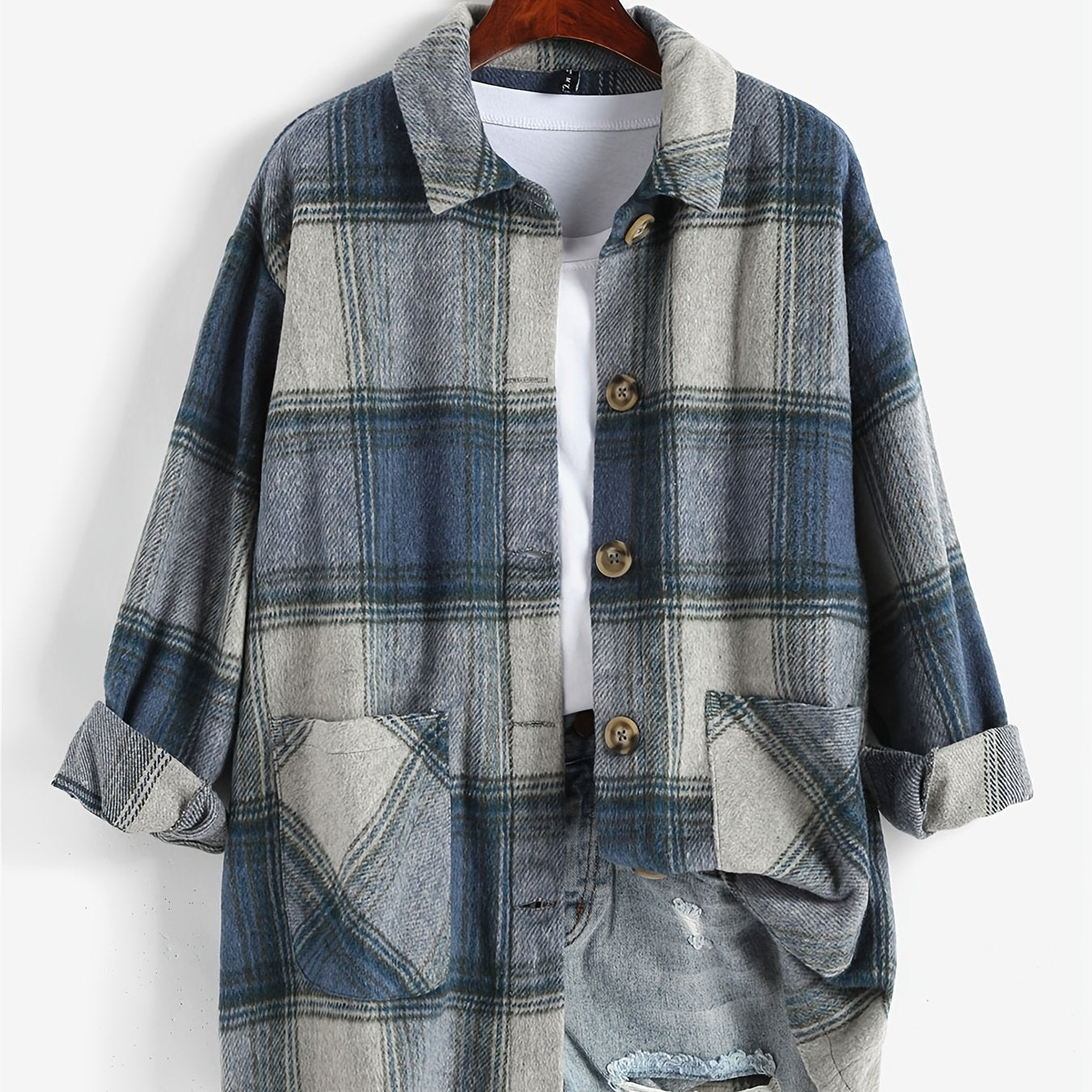 Plaid Jacket Lapel Casual Long Sleeve Loose Outerwear Women's Clothing