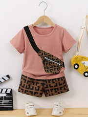 Boys Messenger Bag Print T Shirt & Geometry Print Shorts Set