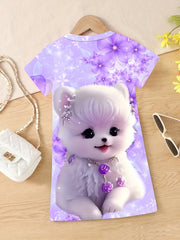 3D Puppy Graphic Short Sleeve Dress Girls Comfy Casual Dresses