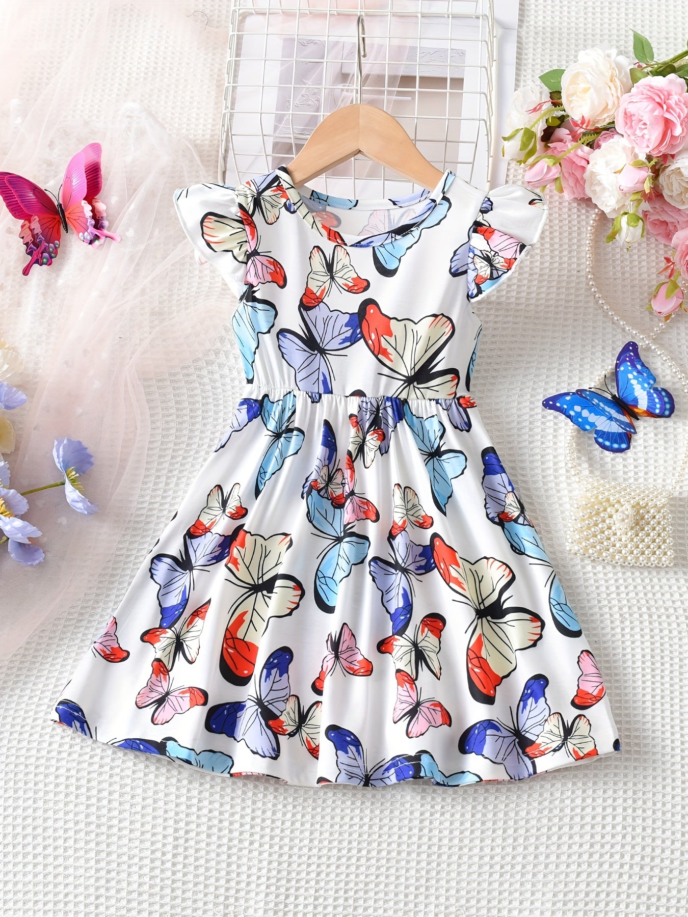 Butterfly Skater Dress For Girls Flying Sleeve Casual Daily Dress