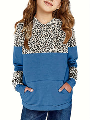 Girls Leopard Stitching Hoodie Long Sleeve Fleece Sweatshirt for Autumn