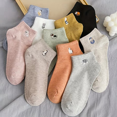 10 Pairs Women Cotton Socks Animal Embroidered Ankle Low Cut Boat Socks