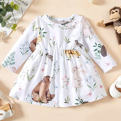 Baby Girl's Animal Print Dress Pleated Long Sleeve Dress