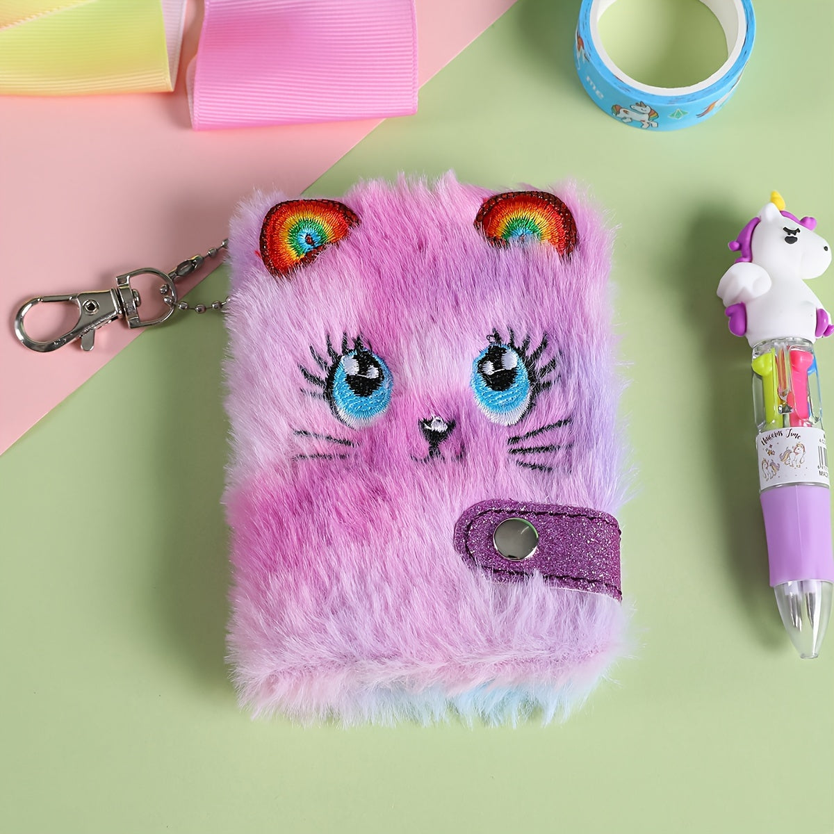 Kids Plush Cat Journal Soft Cover with Ears Keychain Backpack Accessory