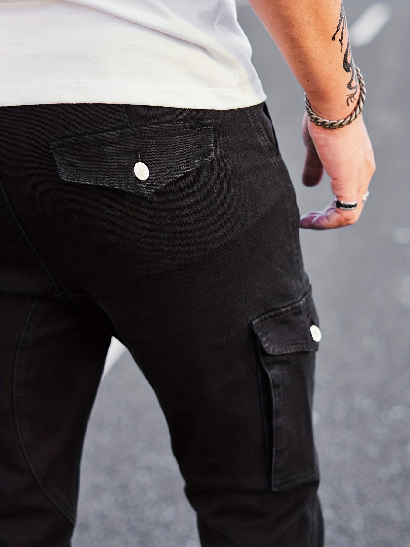 Slim Fit Cargo Jeans Mens Casual Pocket Solid Mid Stretch Jeans