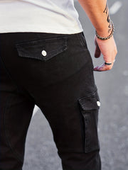 Slim Fit Cargo Jeans Mens Casual Pocket Solid Mid Stretch Jeans