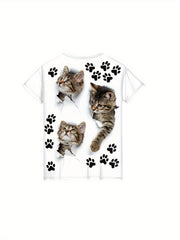 3D Kitty & Paw Short Sleeve T-shirt - Summer Clothes