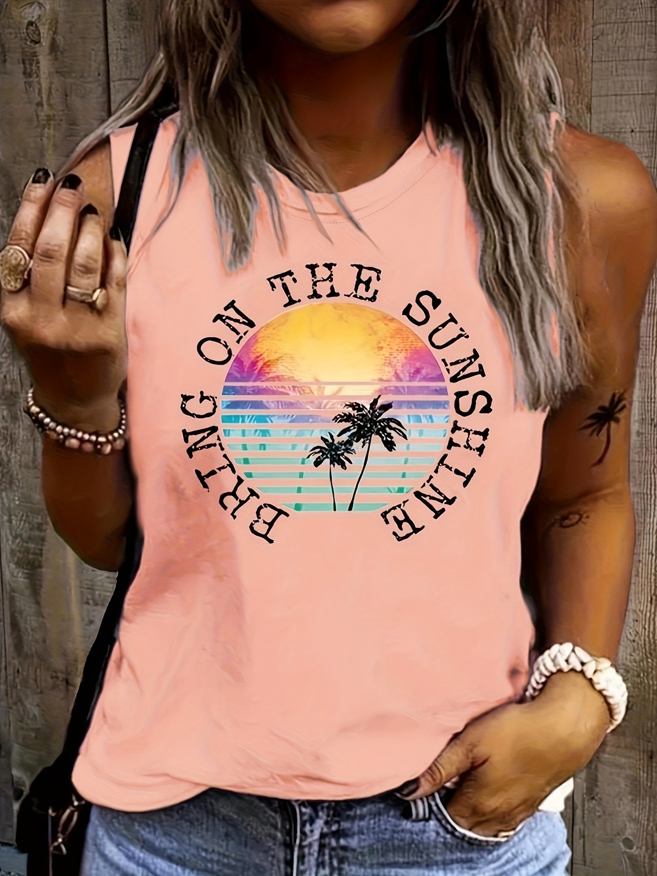 Coconut Tree & Letter Print Tank Top Sleeveless Crew Neck Casual Top