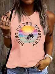 Coconut Tree & Letter Print Tank Top Sleeveless Crew Neck Casual Top