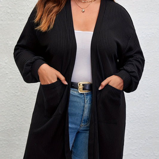 Solid Ribbed Lantern Sleeve Cardigan With Pockets