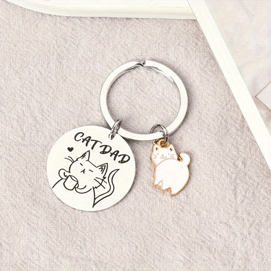 Cat Pattern Keychain Stainless Steel Round Key Chain