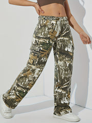 Retro Jeans Women's Plus Leaf Print Cargo Denim Pants