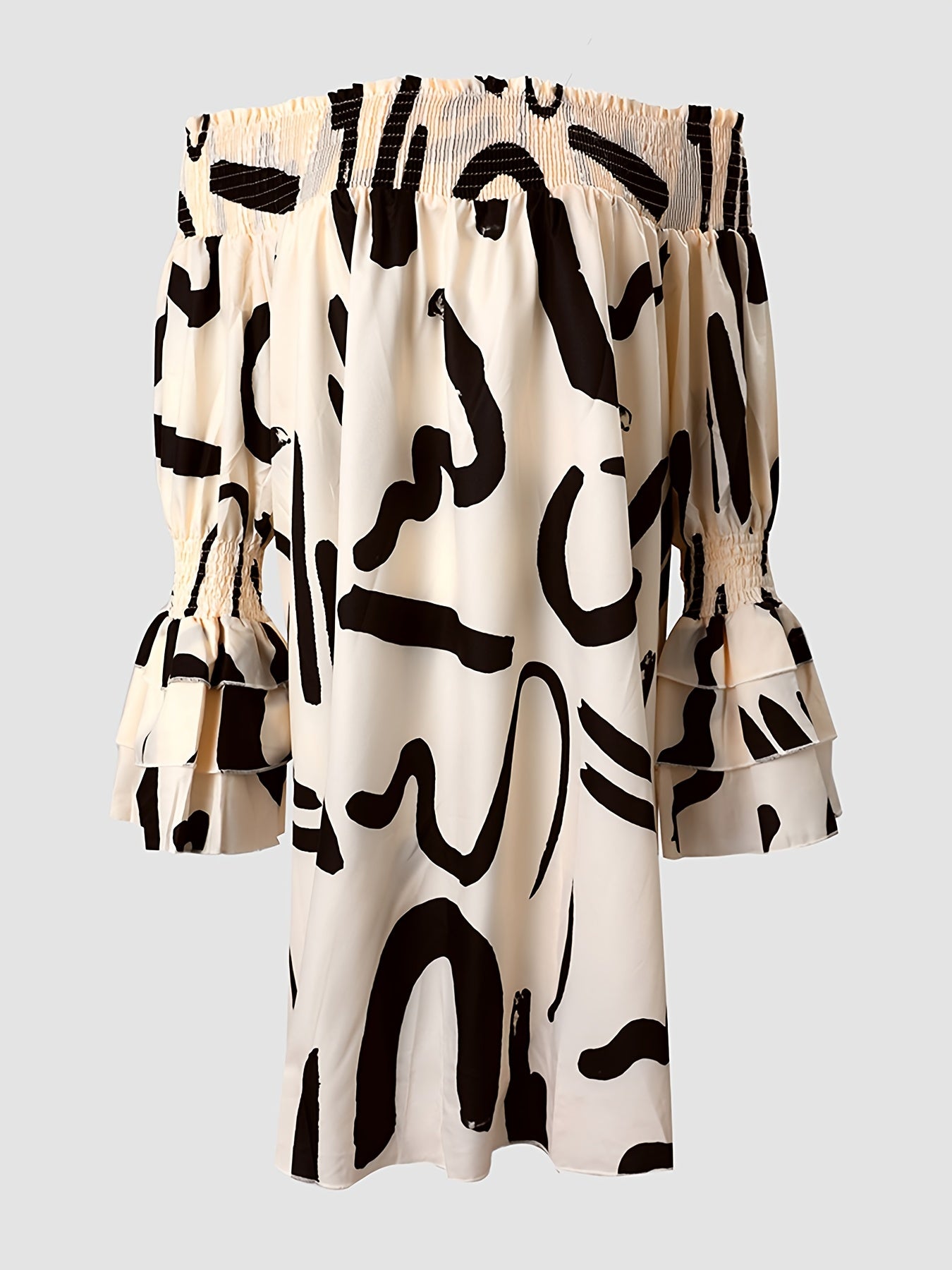 Letter Print Off Shoulder Dress Loose Long Sleeve Dress Casual Women's Clothing