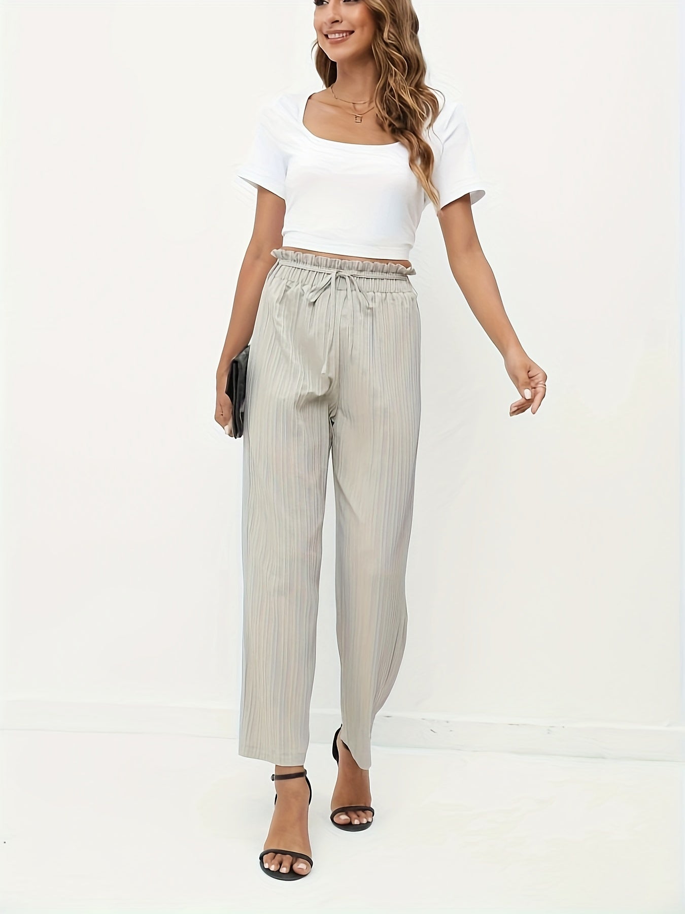 Solid Lace Up Wide Leg Pants Casual Paper Bag Waist