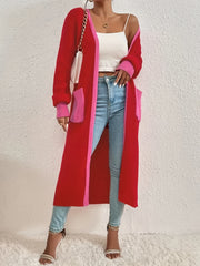 Open Front Knit Cardigan with Contrast Trim and Pocket