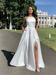 Satin Bridesmaid Maxi Dress with Slit & Pockets