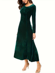 Solid Velvet Long Sleeve Round Neck Maxi Dress