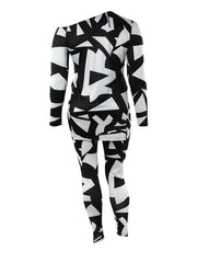 Sexy Graffiti Print One Shoulder Tunic Top & Leggings Set