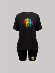Colorful Lips Print Two Piece Set Short Sleeve T-shirt & Biker Shorts