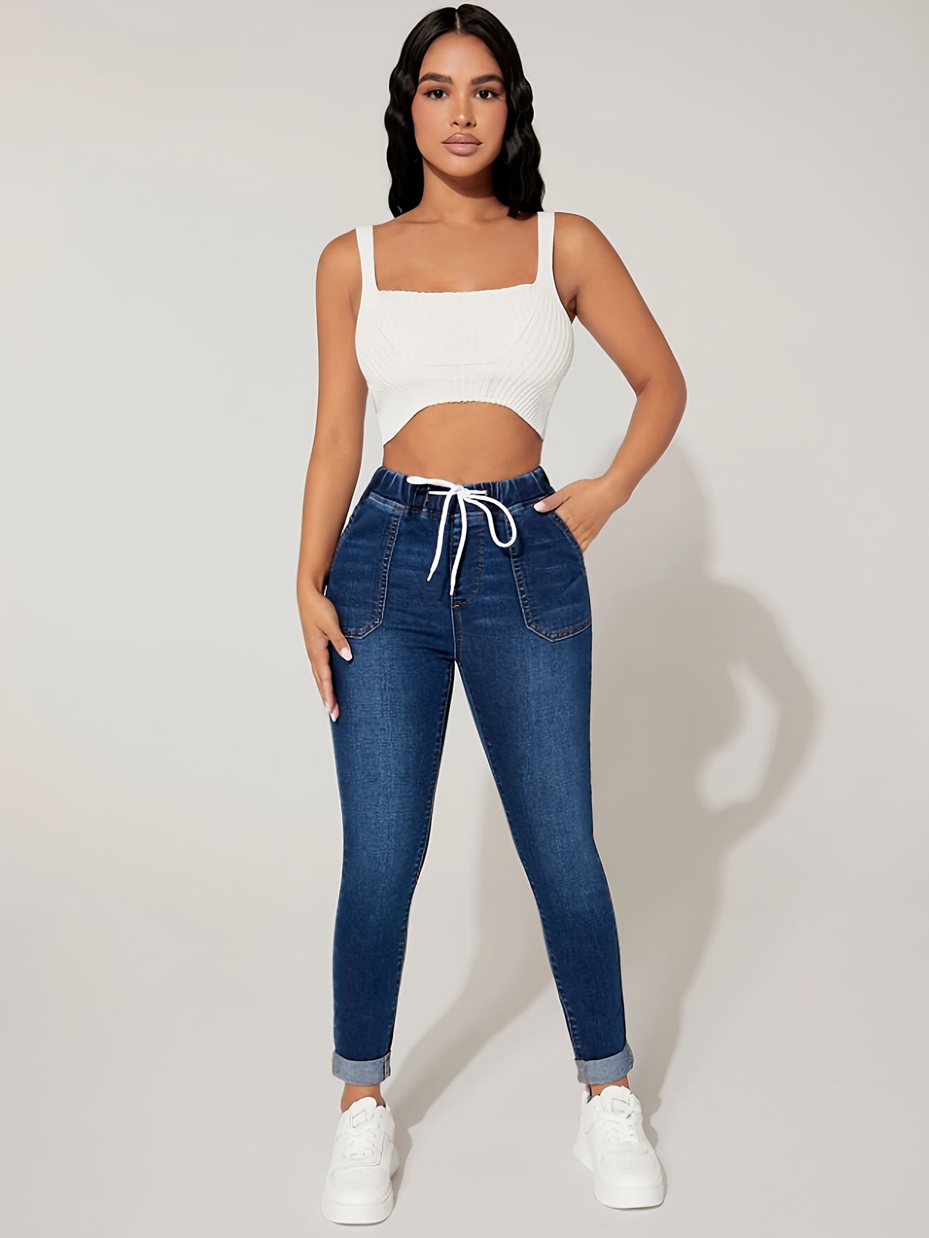 Solid Elastic High Rise Skinny Jeans
