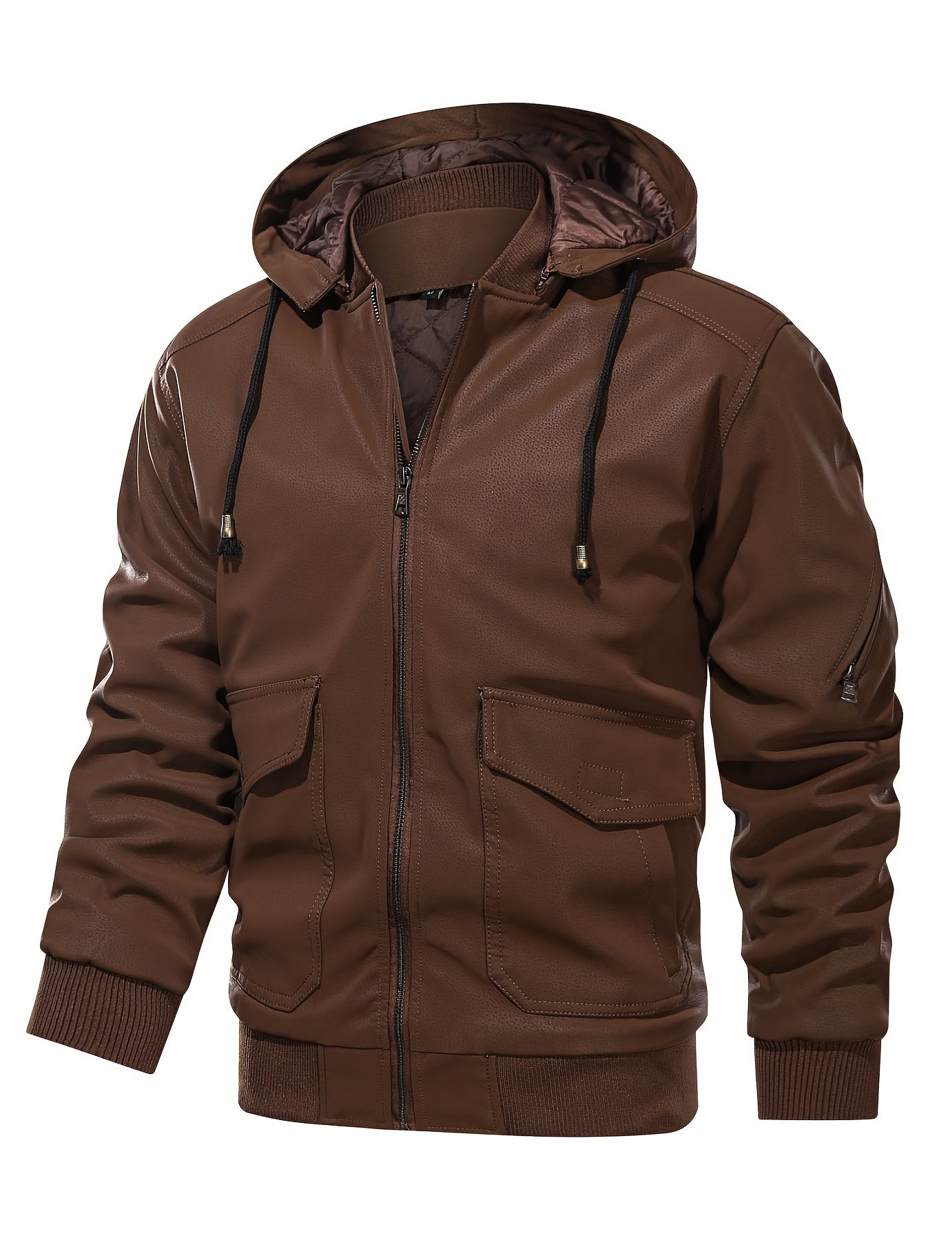 Men's Faux Leather Motorcycle Jacket Stand Collar with Hood