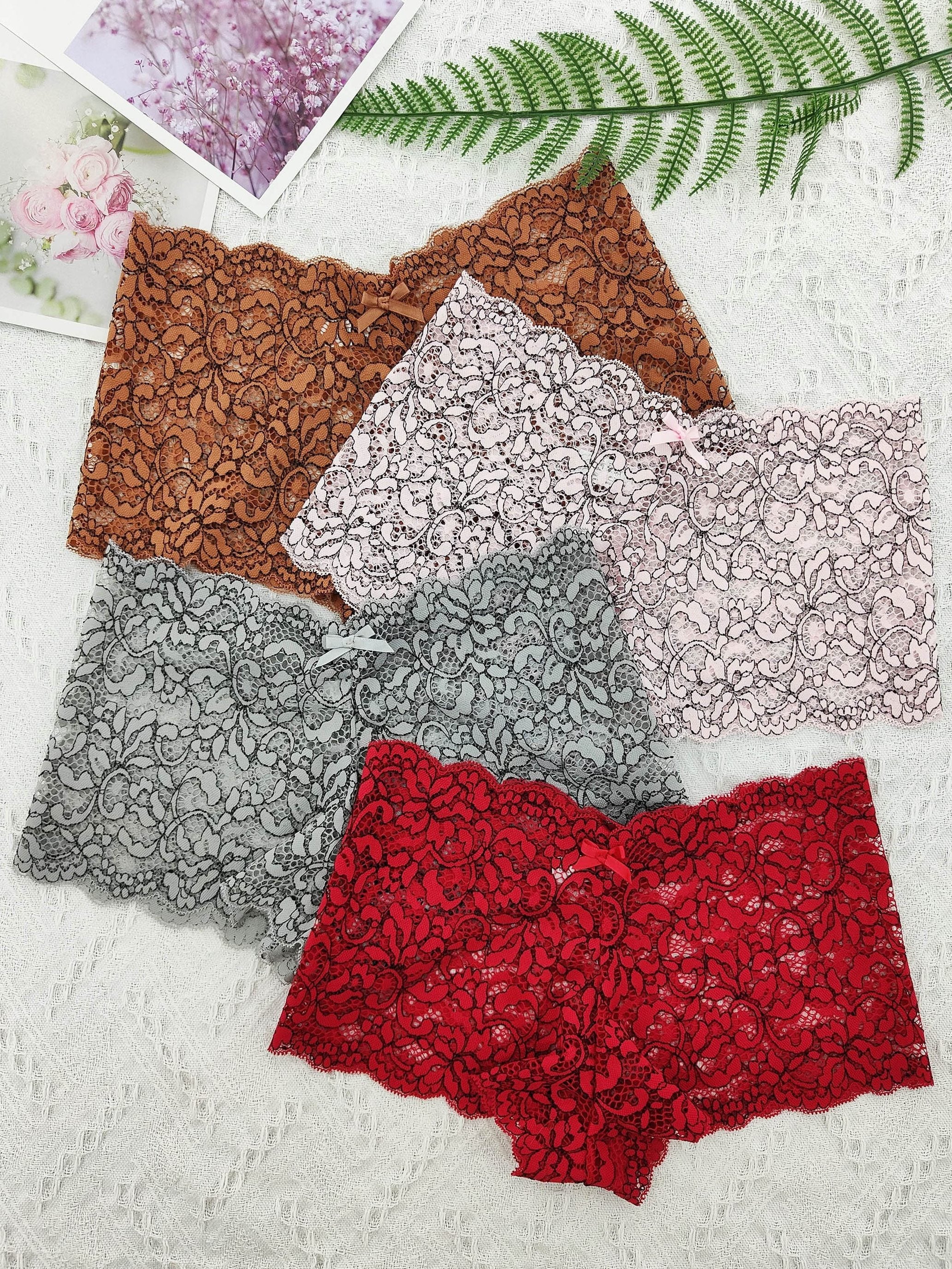 4 Pcs Lace Boyshort Panties Scalloped Trim Bow Tie Women's Lingerie
