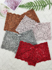 4 Pcs Lace Boyshort Panties Scalloped Trim Bow Tie Women's Lingerie