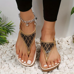 Women's Rhinestone Wedge Thong Sandals Elastic Strap Beach Slip On Sandals