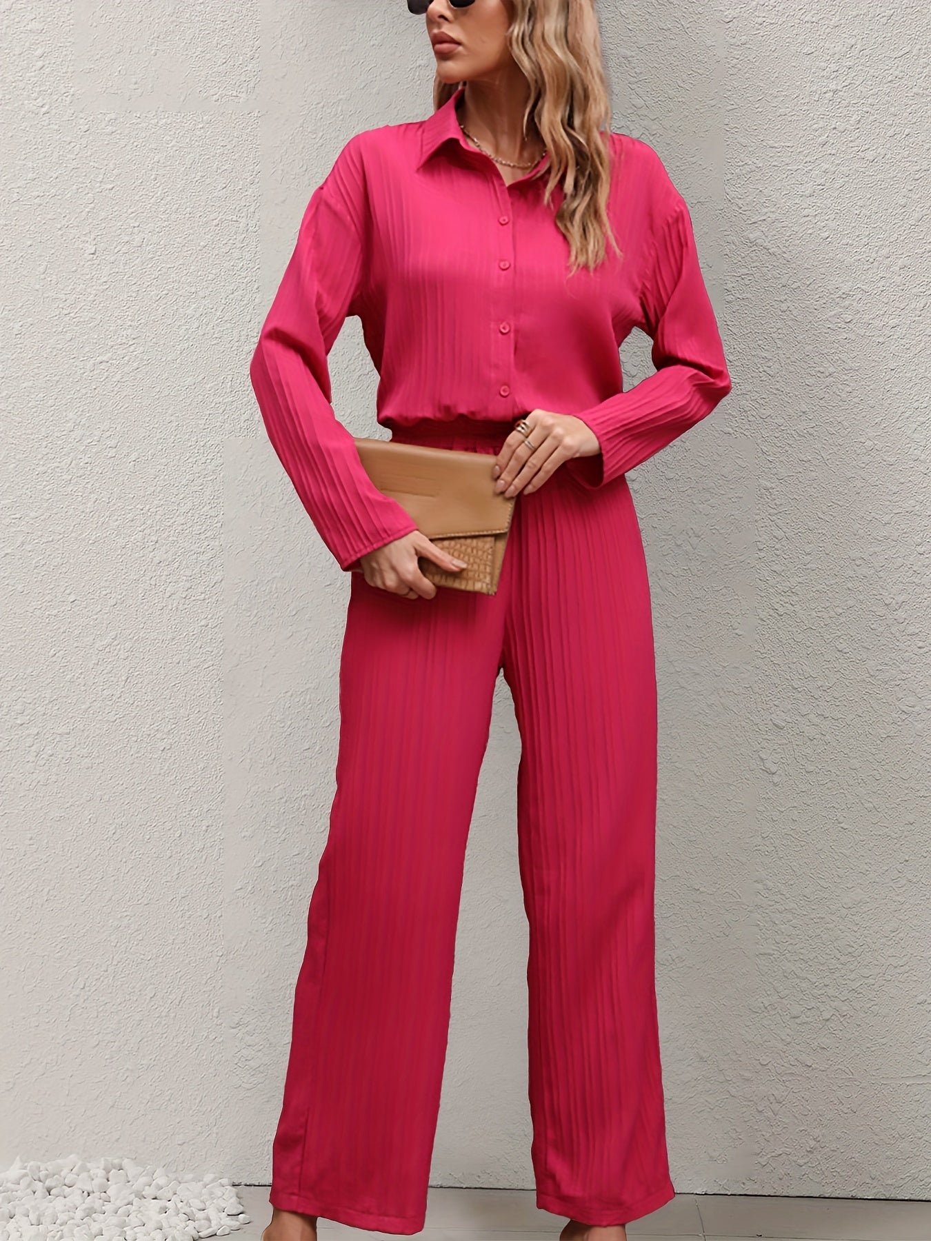 Casual Two piece Set Long Sleeve Button Up Shirt & Wide Leg Pants