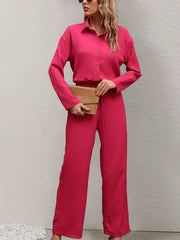 Casual Two piece Set Long Sleeve Button Up Shirt & Wide Leg Pants