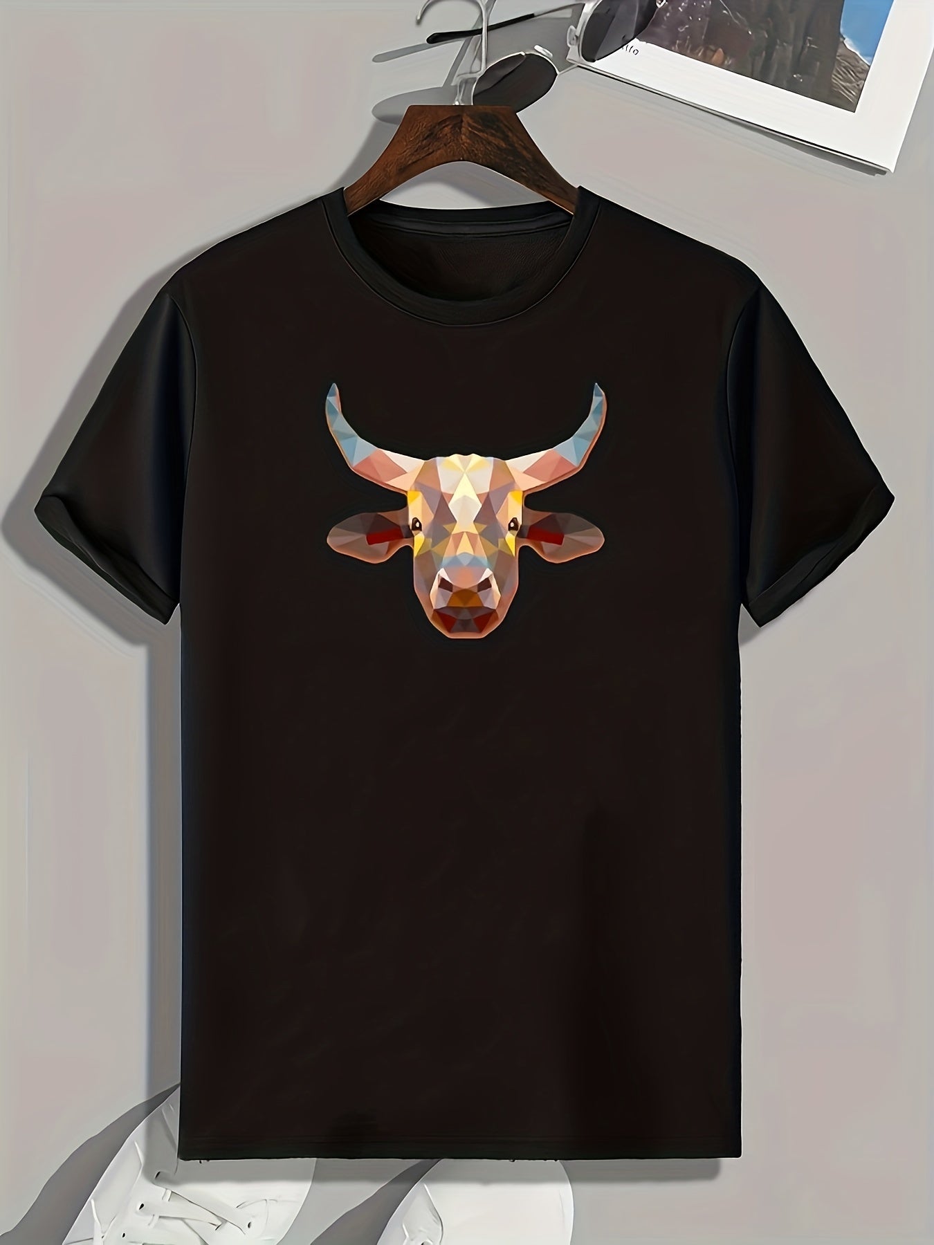 Geometric Bullhead Print Men's Comfy T shirt Outdoor Summer Tee