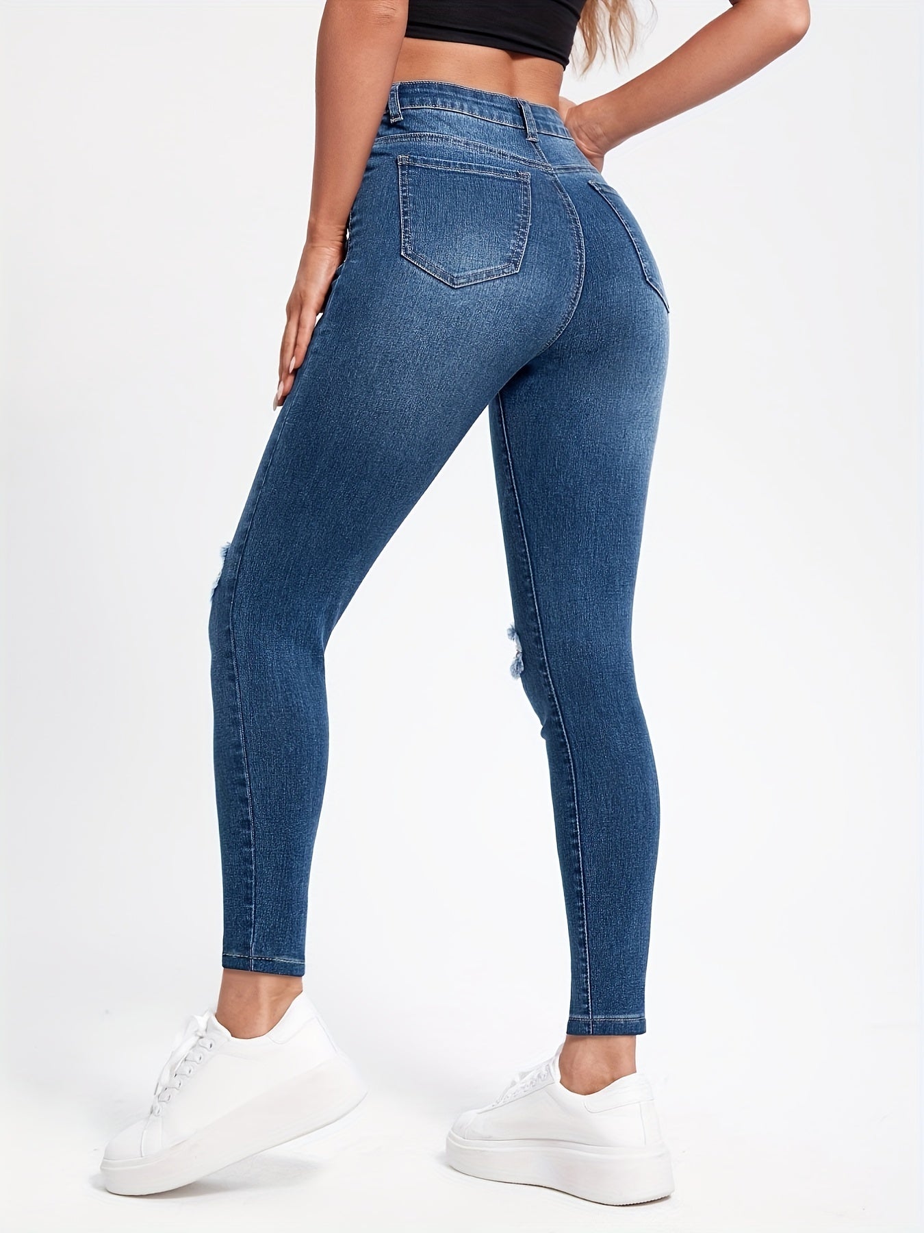 Ripped Knee Cut Skinny Jeans Solid Stretchy Whiskering Denim Pants
