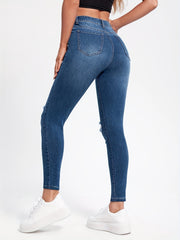 Ripped Knee Cut Skinny Jeans Solid Stretchy Whiskering Denim Pants