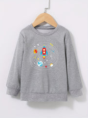 Cartoon Rocket Print Boys Sweatshirt Long Sleeve Crew Neck Tops