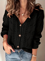 Hollow Solid Knit Cardigan Button Front Sweater