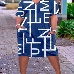 Plus Size Casual Dress Women's Plus Letter Print V Neck Short Sleeve Dress