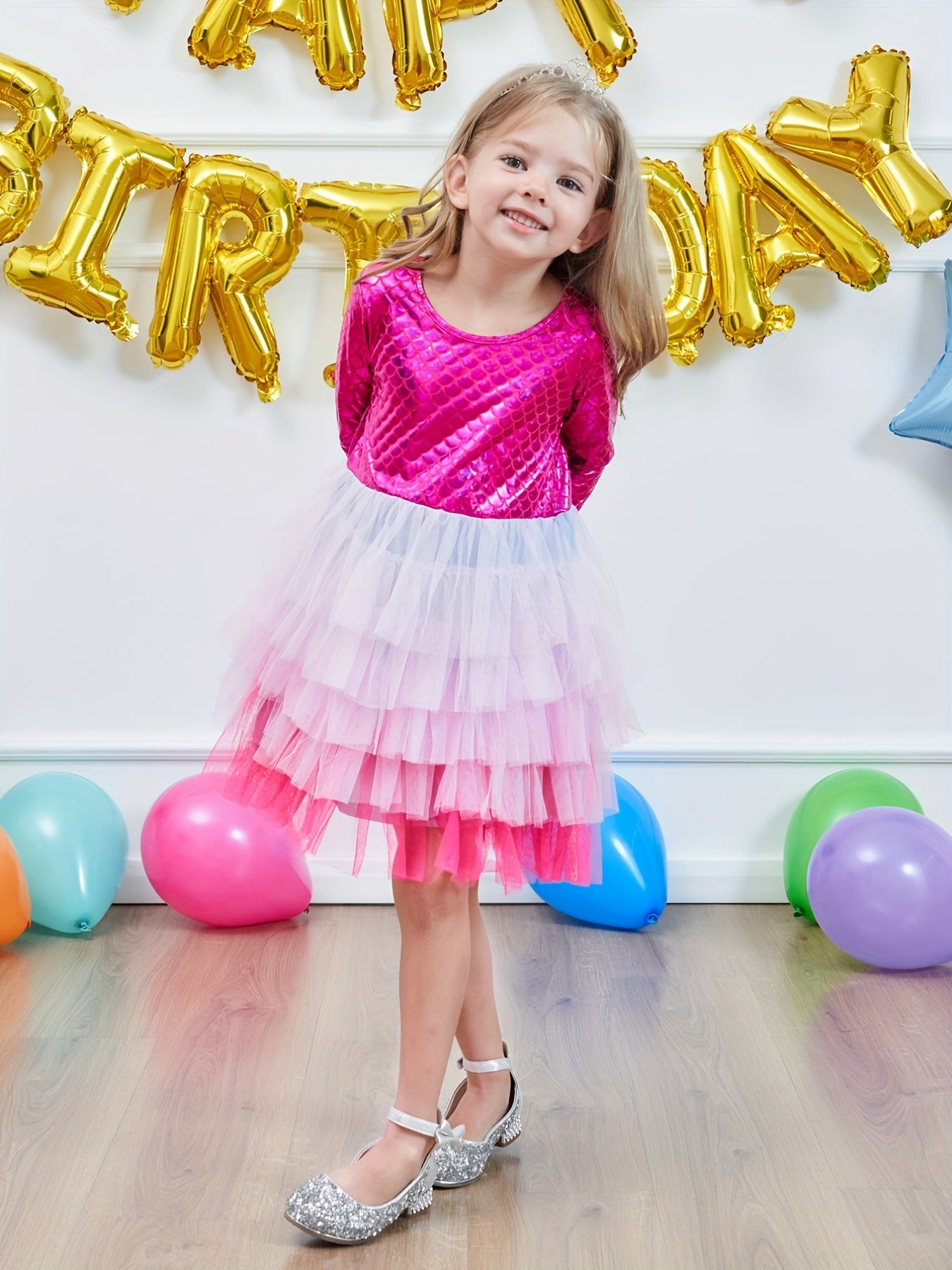 Girls Mermaid Mesh Stitching Long Sleeve Dress for Halloween Party