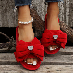 Women's Bowknot Slippers Open Toe Slip On Shoes Rhinestone Heart Decor