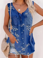 Flower Print Pocket Tank Top Sleeveless Button