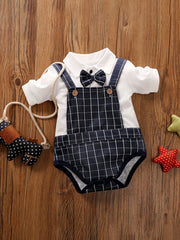 Baby Boys Grid Bow Tie Short Sleeve Suspender Cotton Onesie