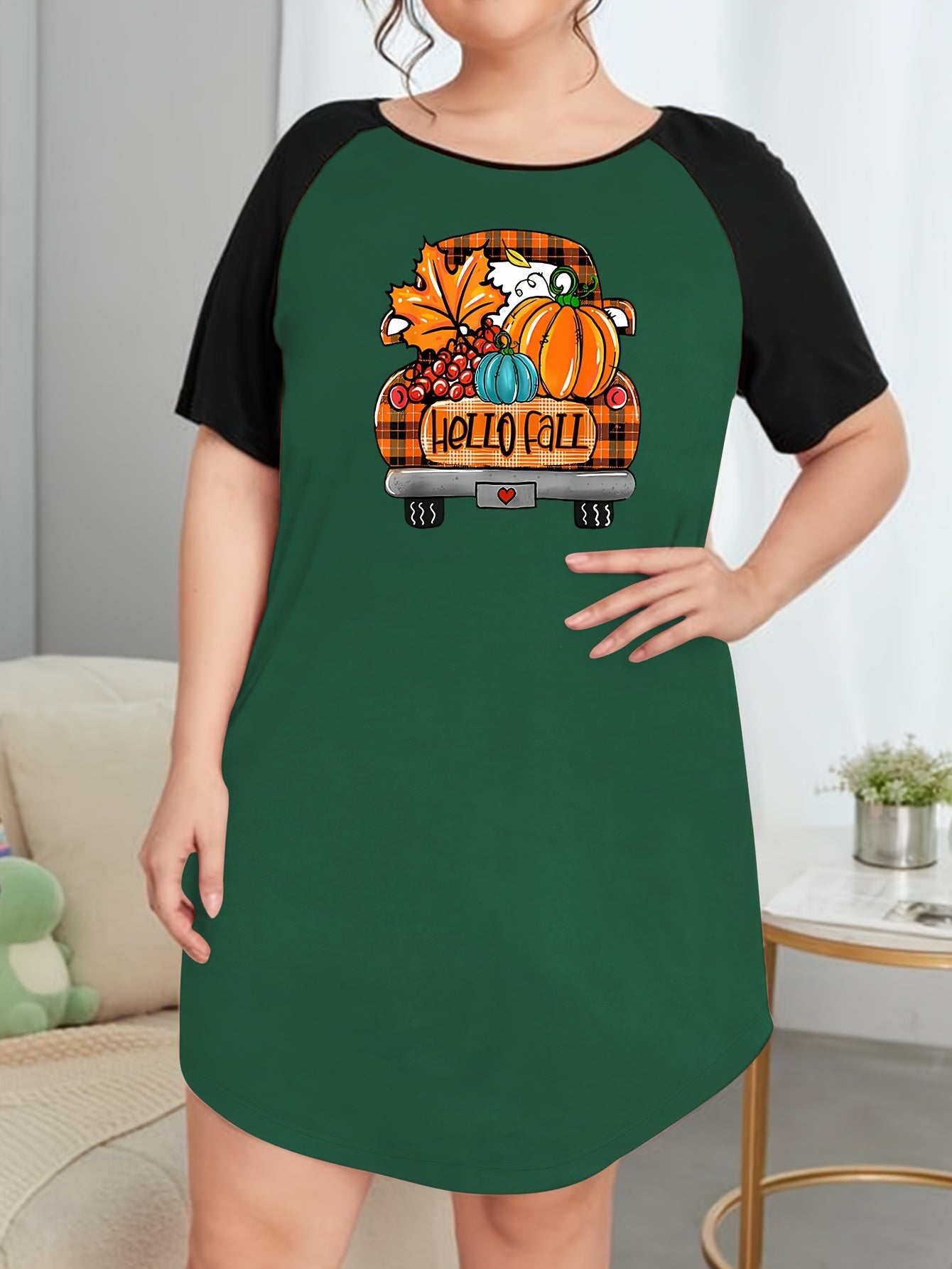 Plus Pumpkin & Plaid Car Print Raglan Sleeve Round Neck Tee Sleep Dress