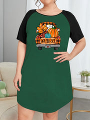 Plus Pumpkin & Plaid Car Print Raglan Sleeve Round Neck Tee Sleep Dress