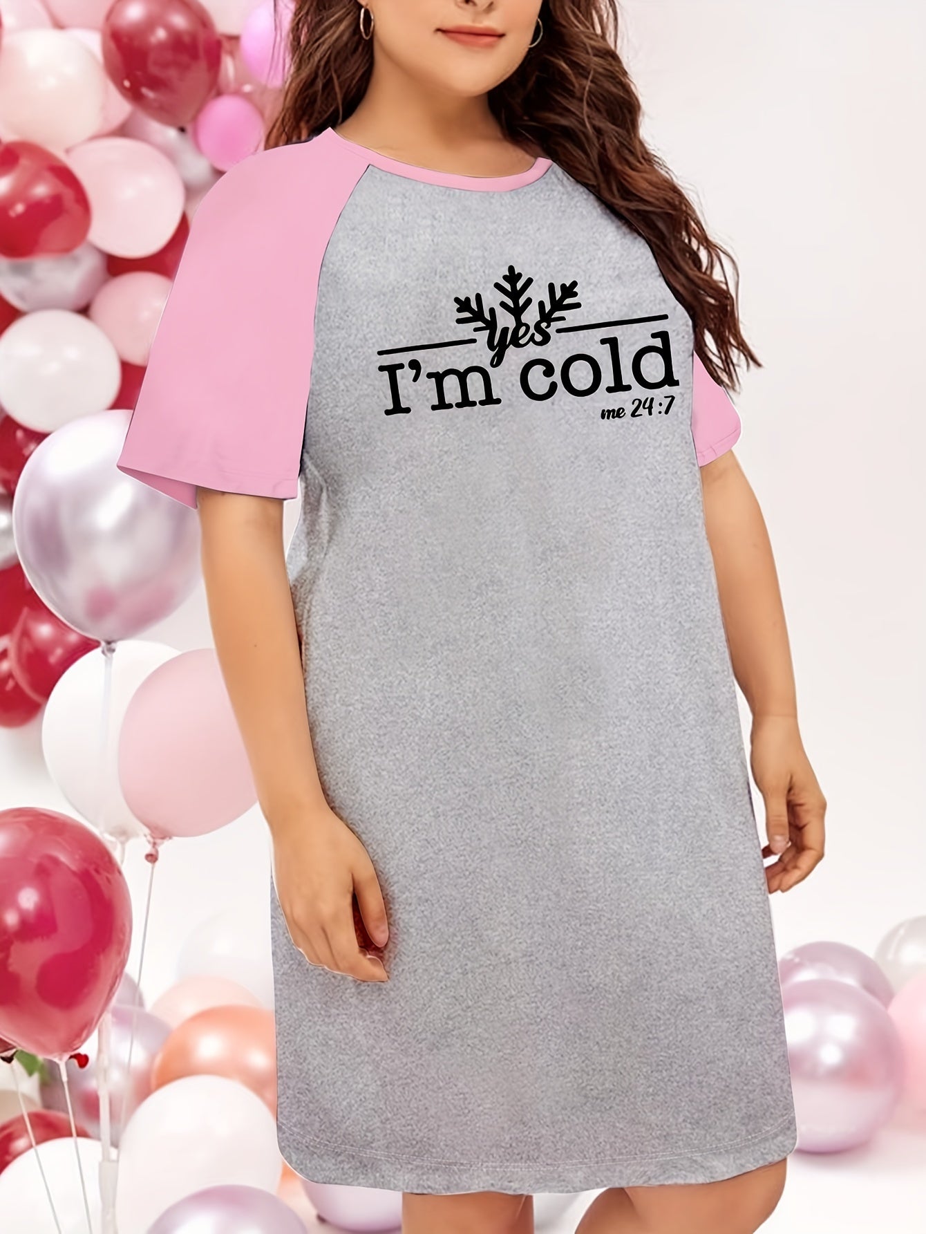 Snowflake Slogan Print Round Neck Tee Sleep Dress